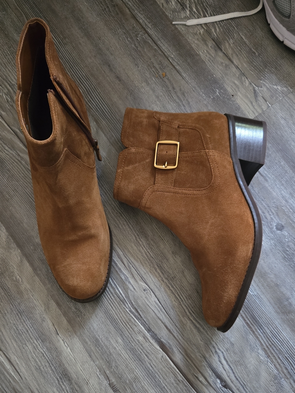 Cole Haan Women's Tan Suede Ankle Boots with Gold Buckle